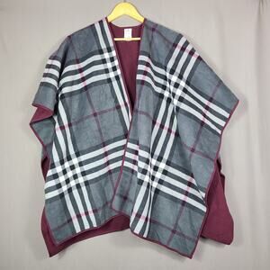Woolrich Reversible Fleece Blanket Poncho Cape Plaid Burgundy One Size